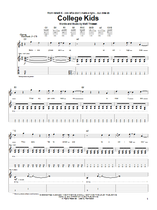 Download Relient K College Kids Sheet Music and learn how to play Guitar Tab PDF digital score in minutes