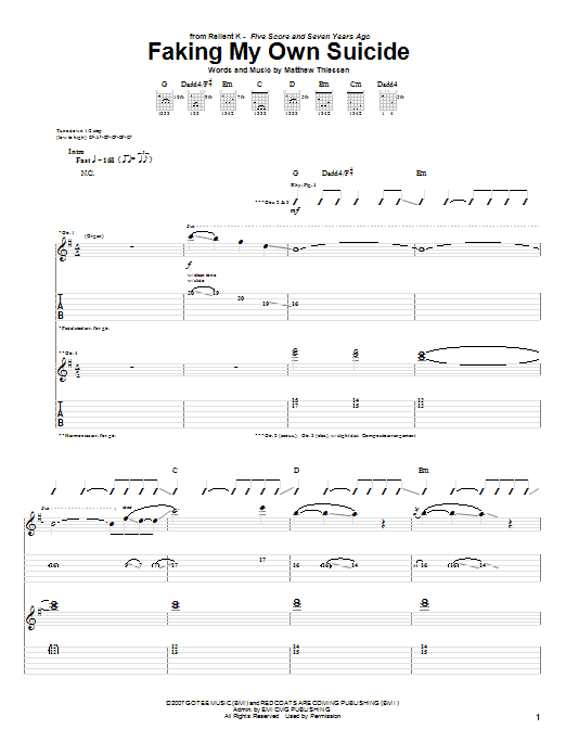 Download Relient K Faking My Own Suicide Sheet Music and learn how to play Guitar Tab PDF digital score in minutes