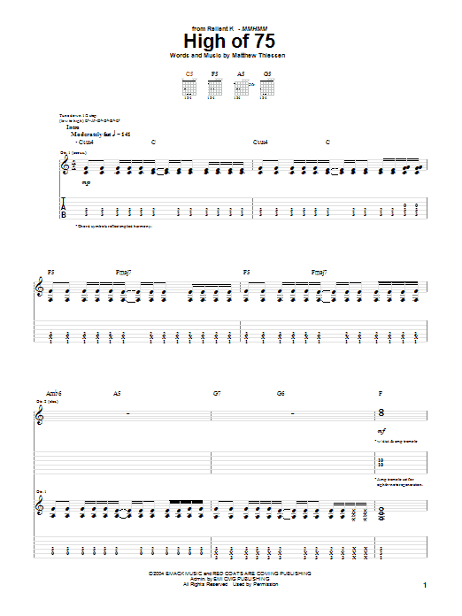 Download Relient K High Of 75 Sheet Music and learn how to play Guitar Tab PDF digital score in minutes