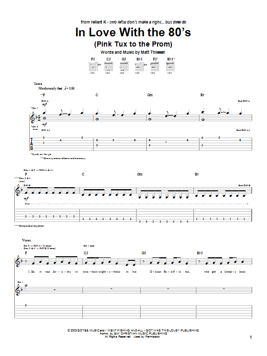 Download Relient K In Love With The 80's (Pink Tux To The Prom) Sheet Music and learn how to play Guitar Tab PDF digital score in minutes