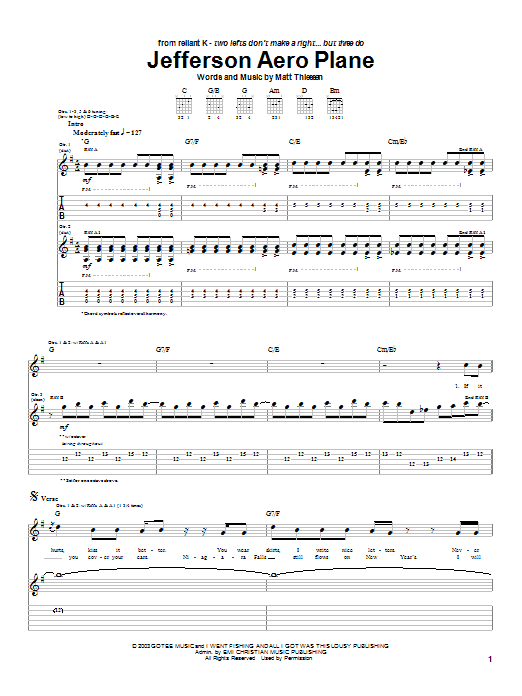 Download Relient K Jefferson Aero Plane Sheet Music and learn how to play Guitar Tab PDF digital score in minutes