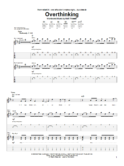 Download Relient K Overthinking Sheet Music and learn how to play Guitar Tab PDF digital score in minutes