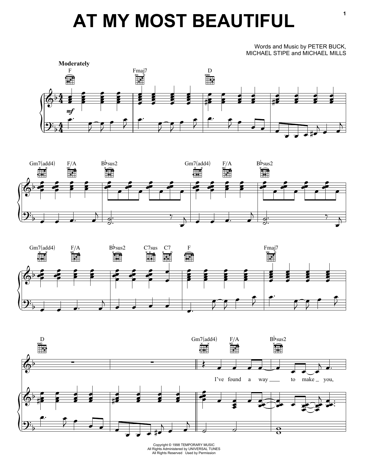 Download R.E.M. At My Most Beautiful Sheet Music and learn how to play Piano, Vocal & Guitar Chords (Right-Hand Melody) PDF digital score in minutes