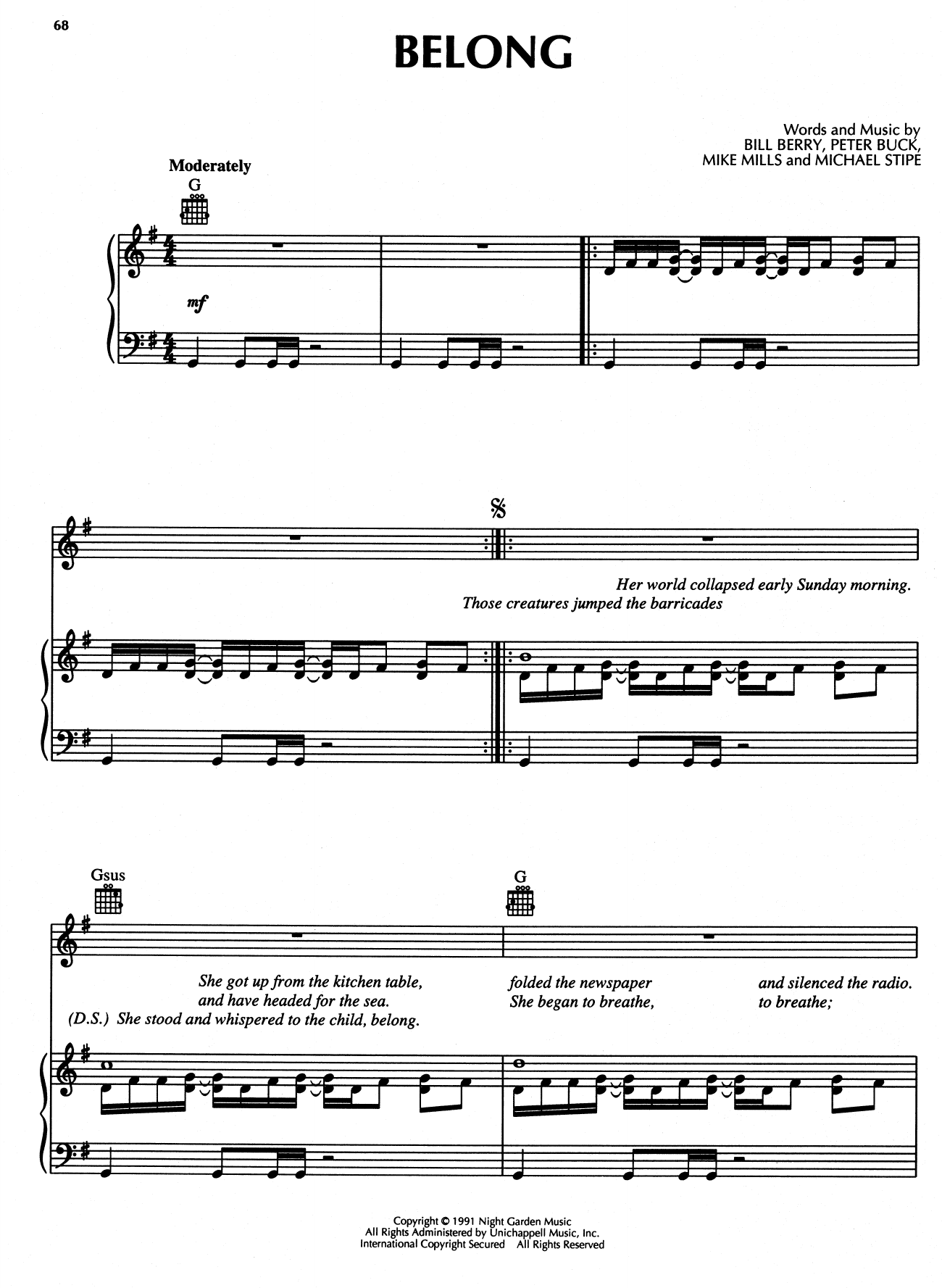 Download R.E.M. Belong Sheet Music and learn how to play Piano, Vocal & Guitar Chords (Right-Hand Melody) PDF digital score in minutes