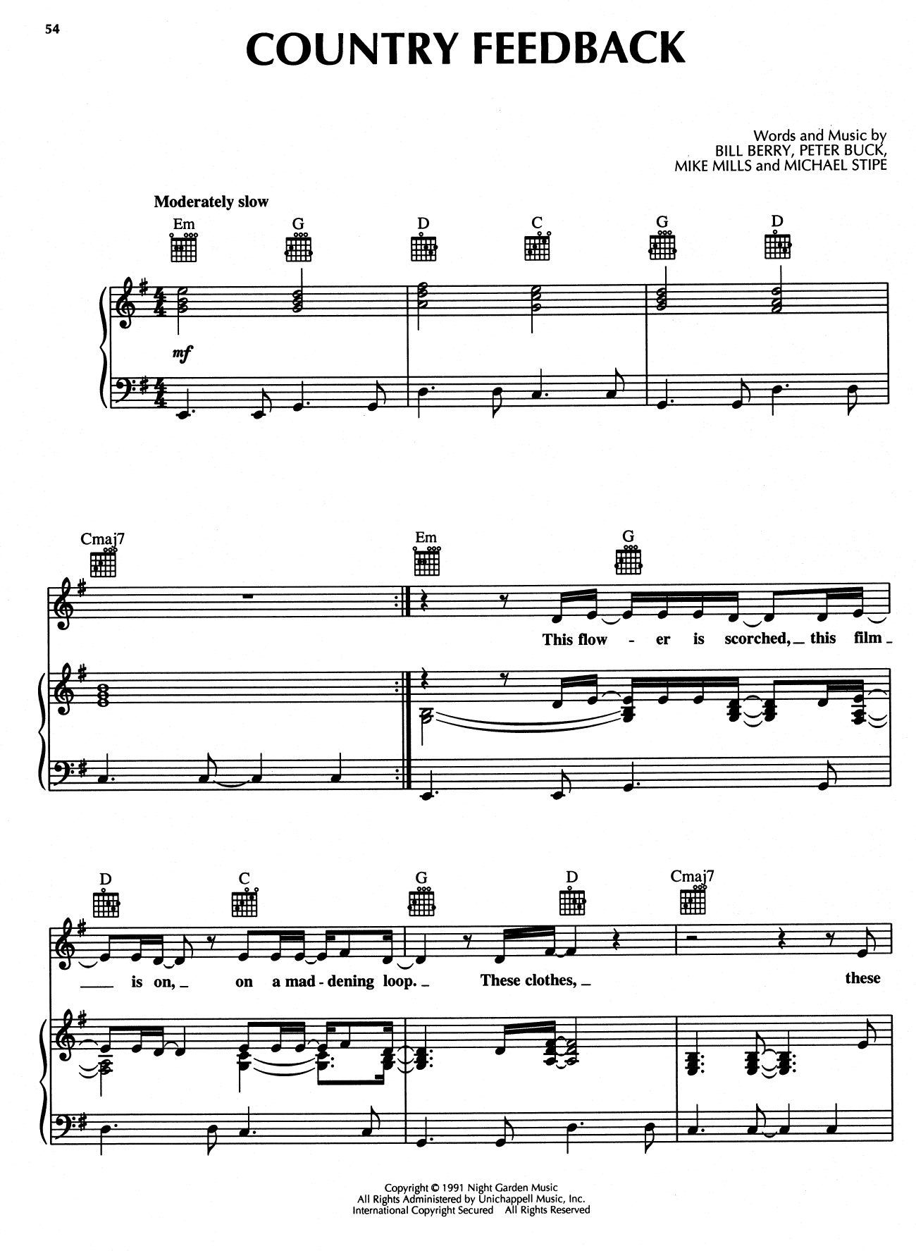 Download R.E.M. Country Feedback Sheet Music and learn how to play Piano, Vocal & Guitar Chords (Right-Hand Melody) PDF digital score in minutes