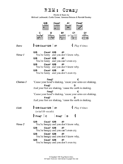 Download R.E.M. Crazy Sheet Music and learn how to play Lyrics & Chords PDF digital score in minutes