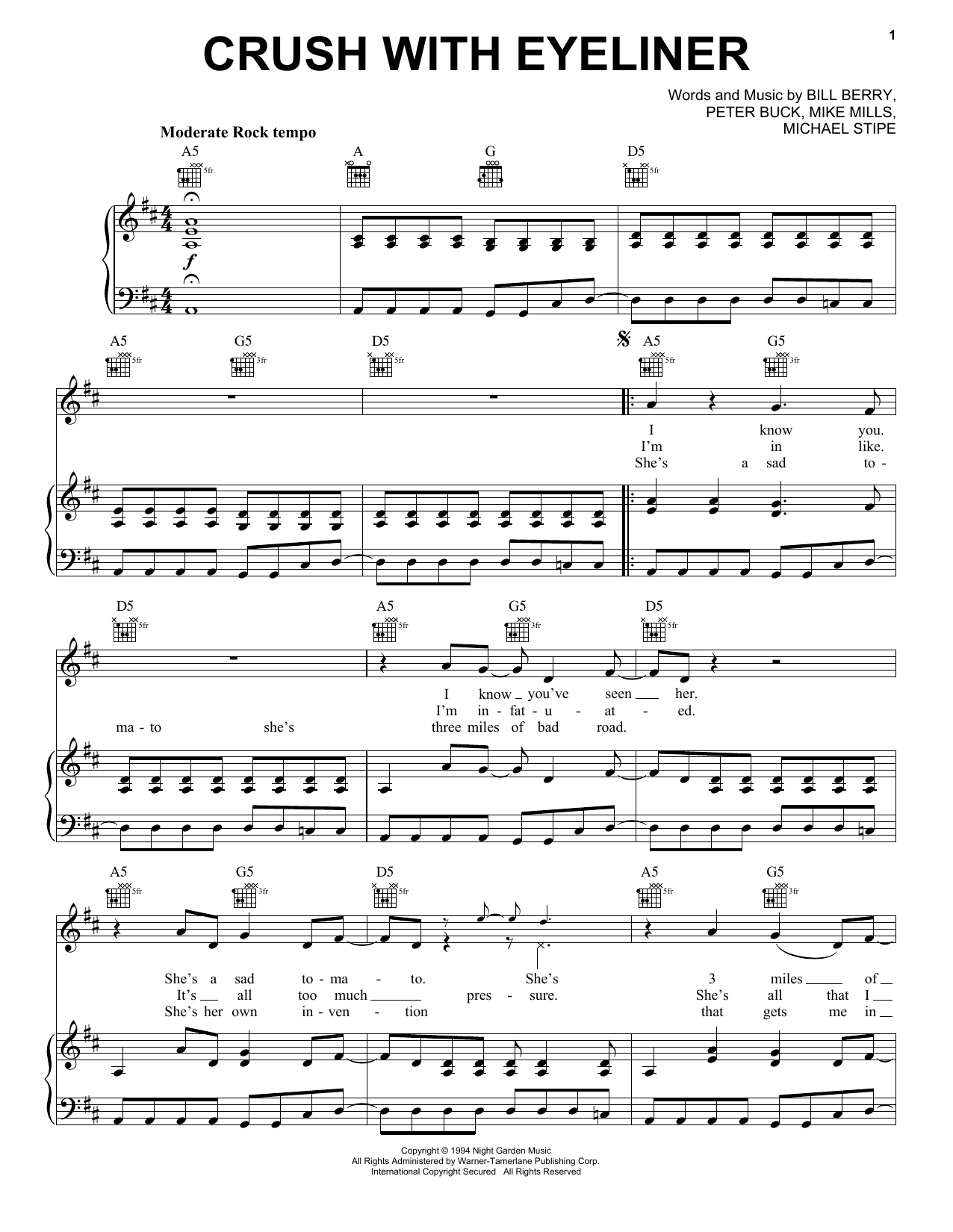 Download R.E.M. Crush With Eyeliner Sheet Music and learn how to play Piano, Vocal & Guitar Chords (Right-Hand Melody) PDF digital score in minutes