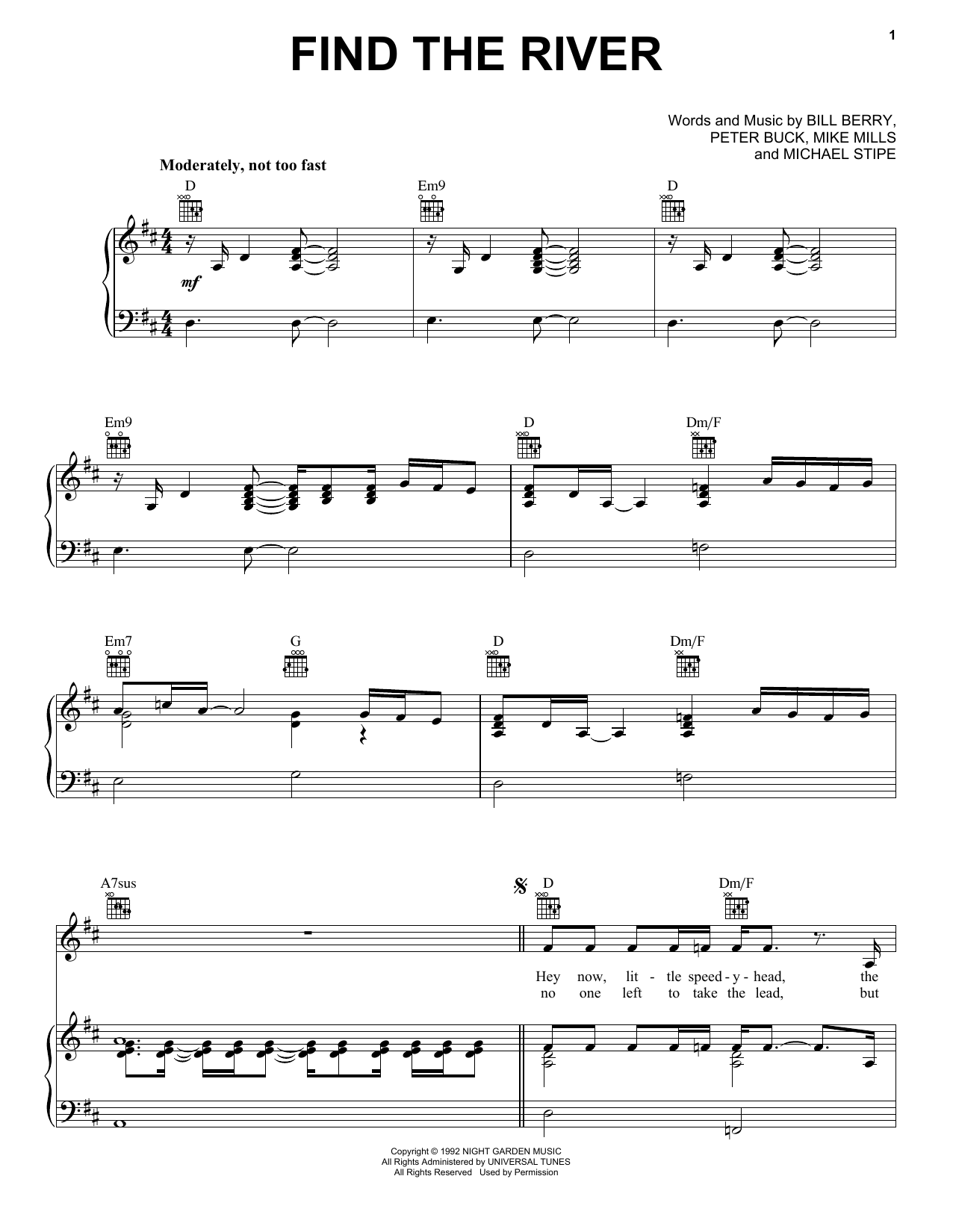 Download R.E.M. Find The River Sheet Music and learn how to play Piano, Vocal & Guitar Chords (Right-Hand Melody) PDF digital score in minutes