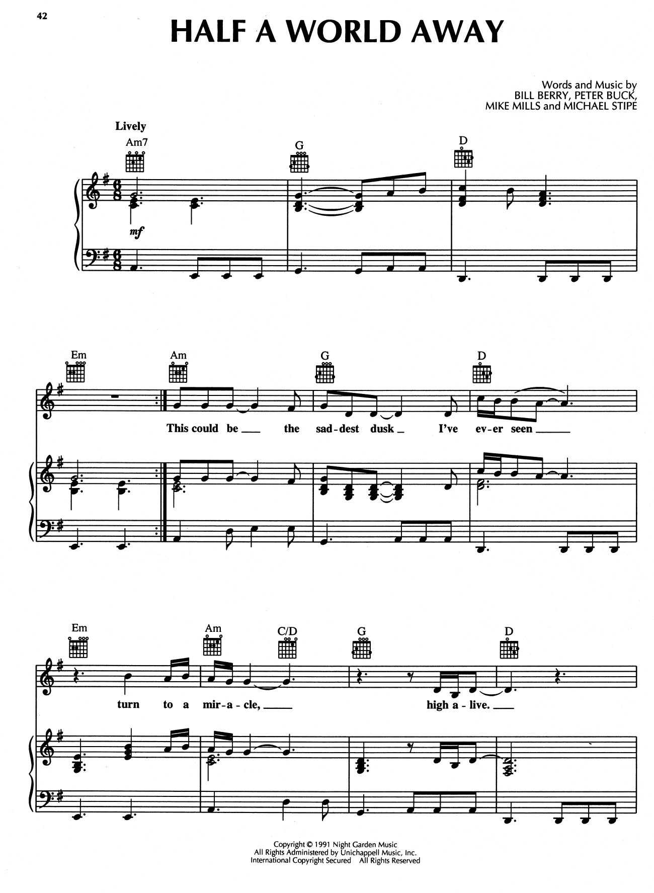 Download R.E.M. Half A World Away Sheet Music and learn how to play Piano, Vocal & Guitar (Right-Hand Melody) PDF digital score in minutes