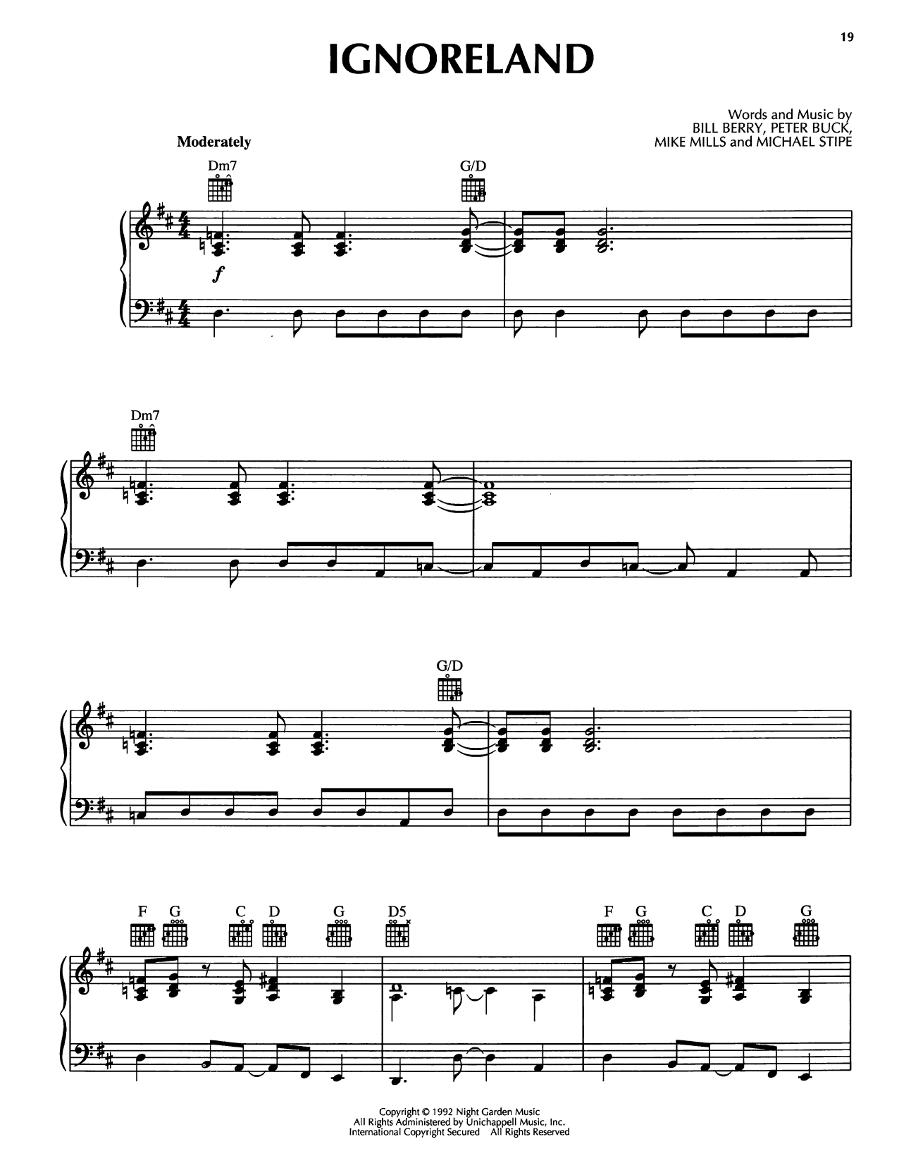 Download R.E.M. Ignoreland Sheet Music and learn how to play Piano, Vocal & Guitar Chords (Right-Hand Melody) PDF digital score in minutes