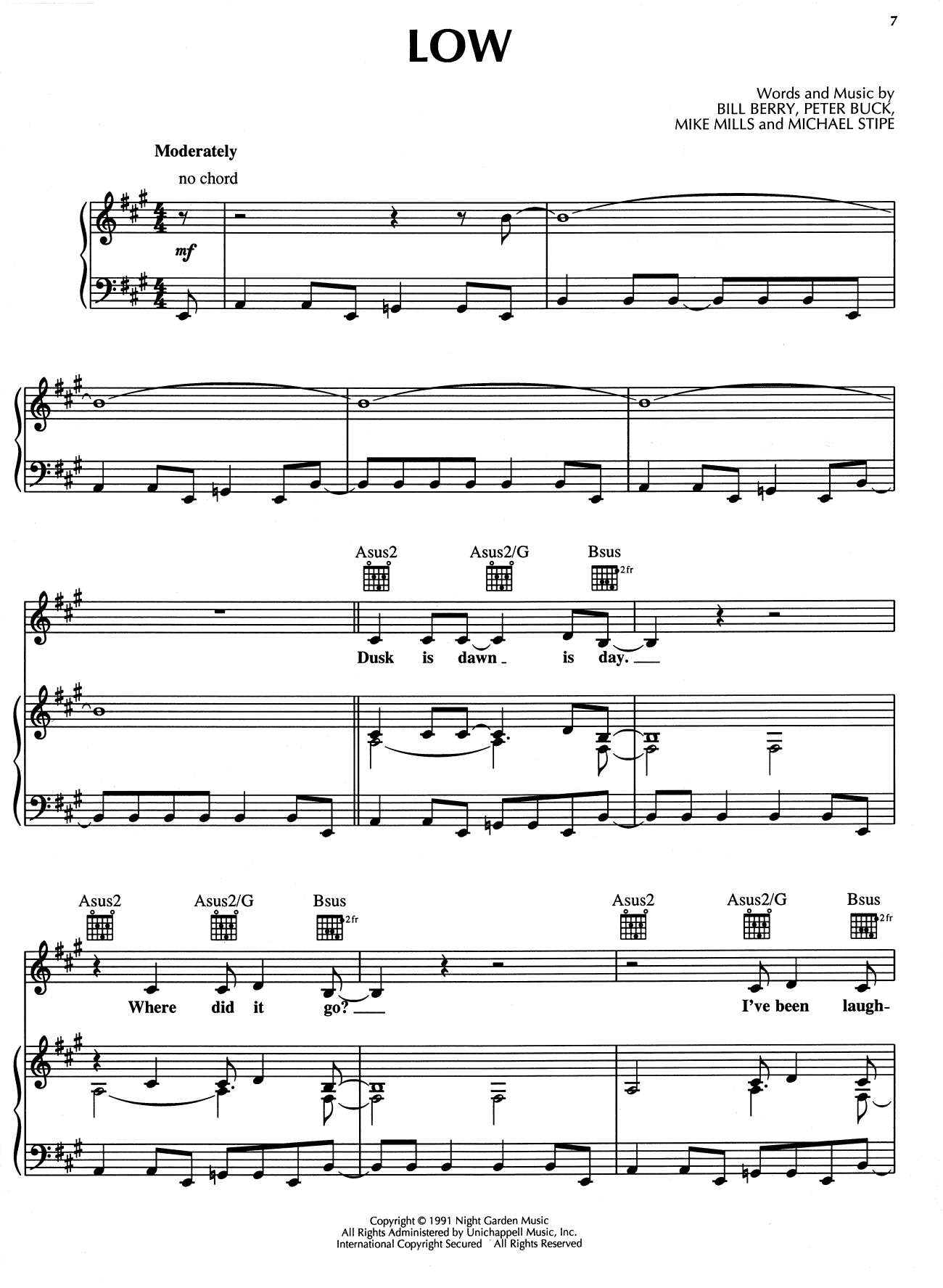 Download R.E.M. Low Sheet Music and learn how to play Piano, Vocal & Guitar Chords (Right-Hand Melody) PDF digital score in minutes