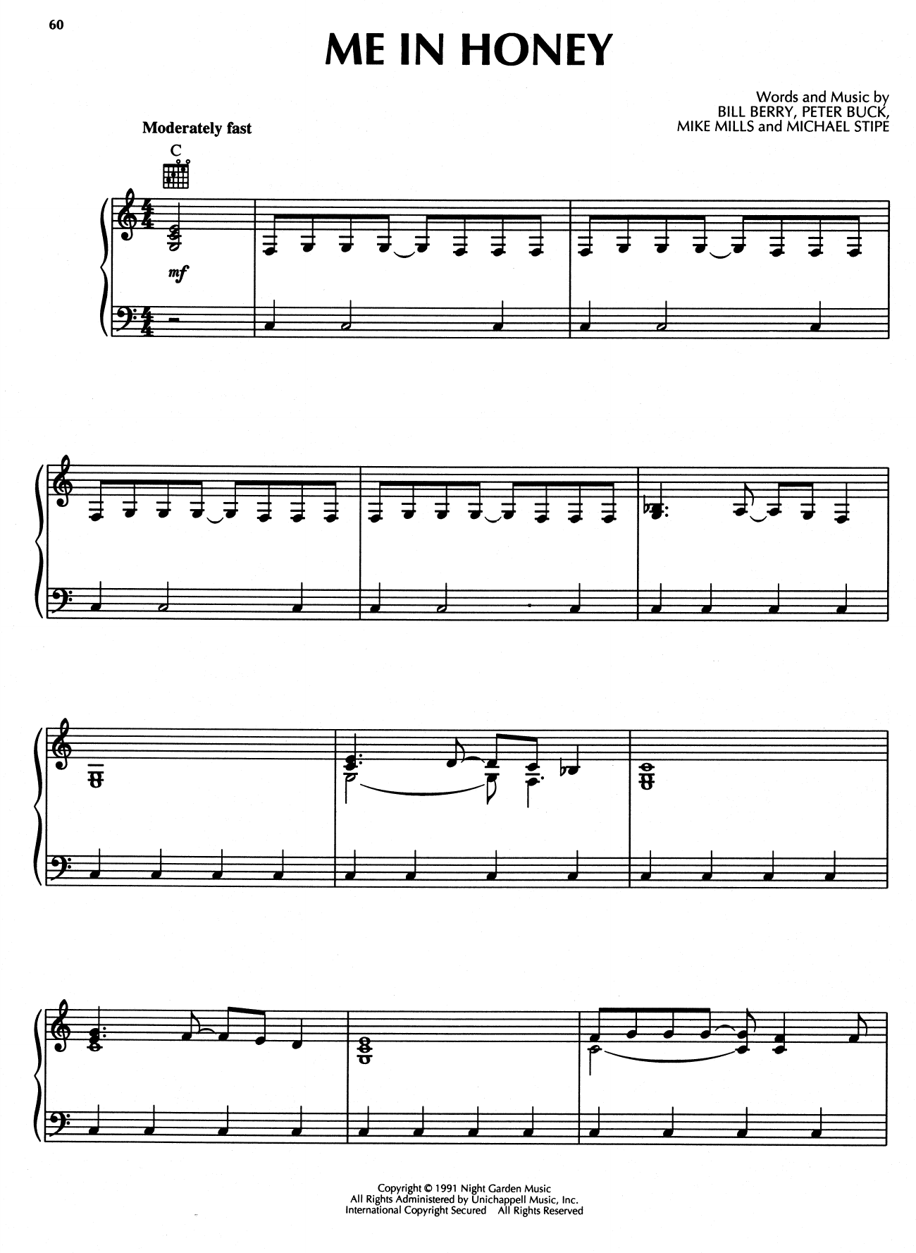 Download R.E.M. Me In Honey Sheet Music and learn how to play Piano, Vocal & Guitar Chords (Right-Hand Melody) PDF digital score in minutes