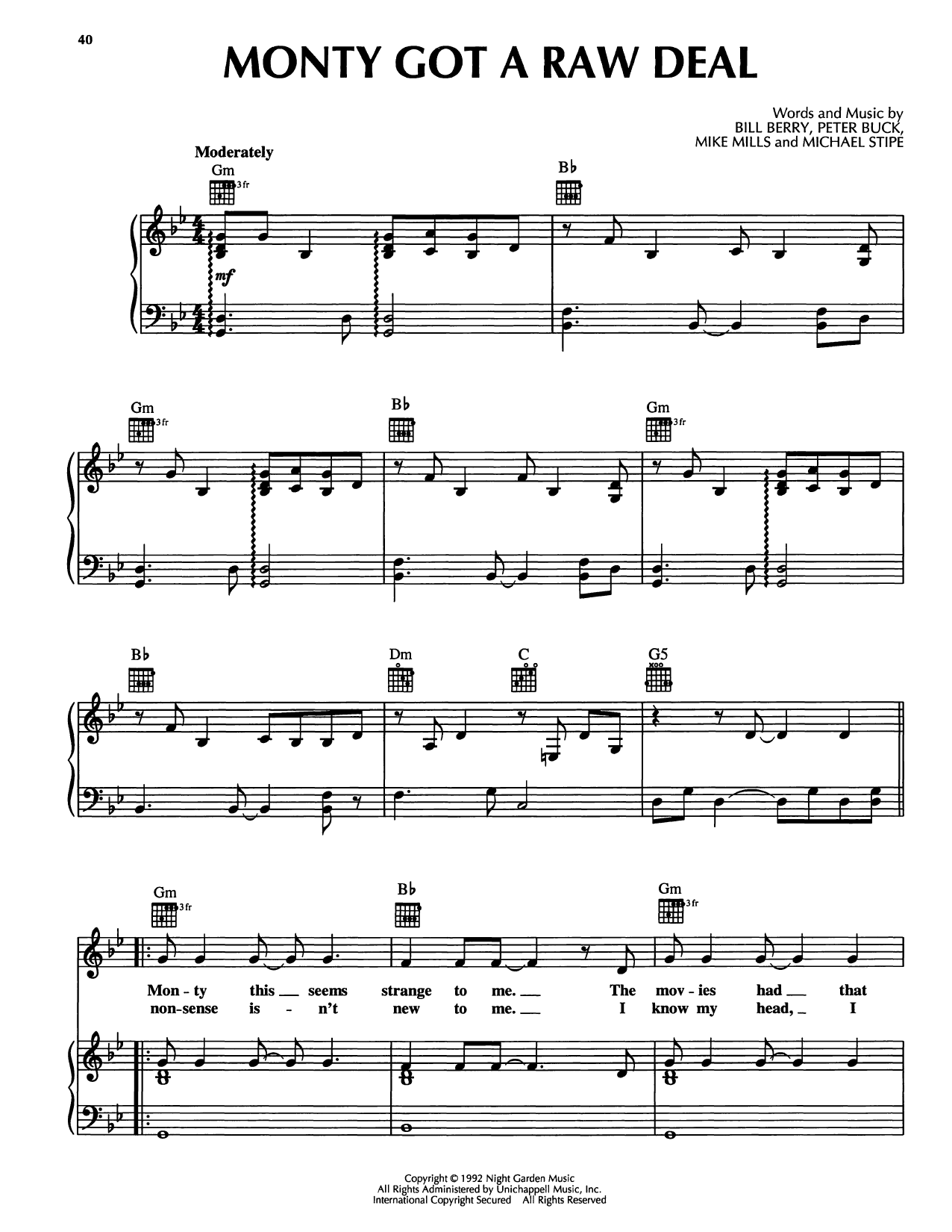 Download R.E.M. Monty Got A Raw Deal Sheet Music and learn how to play Piano, Vocal & Guitar Chords (Right-Hand Melody) PDF digital score in minutes