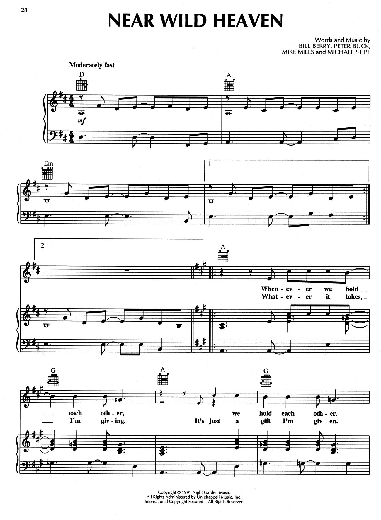 Download R.E.M. Near Wild Heaven Sheet Music and learn how to play Piano, Vocal & Guitar (Right-Hand Melody) PDF digital score in minutes