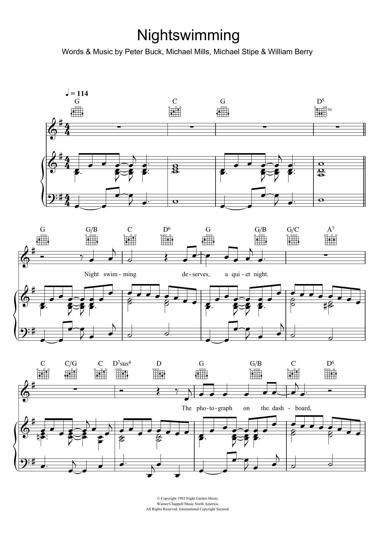 Download R.E.M. Nightswimming Sheet Music and learn how to play Piano, Vocal & Guitar (Right-Hand Melody) PDF digital score in minutes