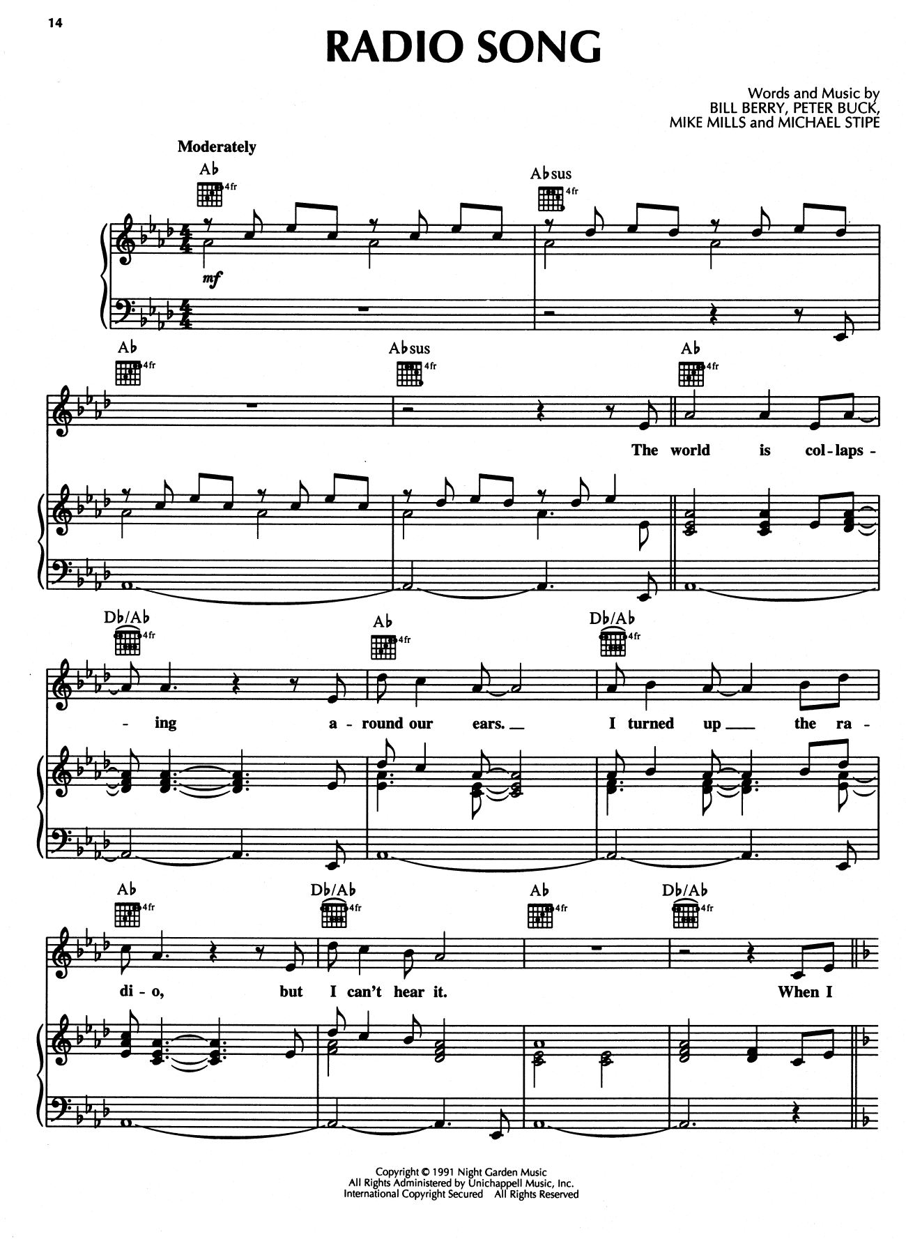 Download R.E.M. Radio Song Sheet Music and learn how to play Piano, Vocal & Guitar Chords (Right-Hand Melody) PDF digital score in minutes