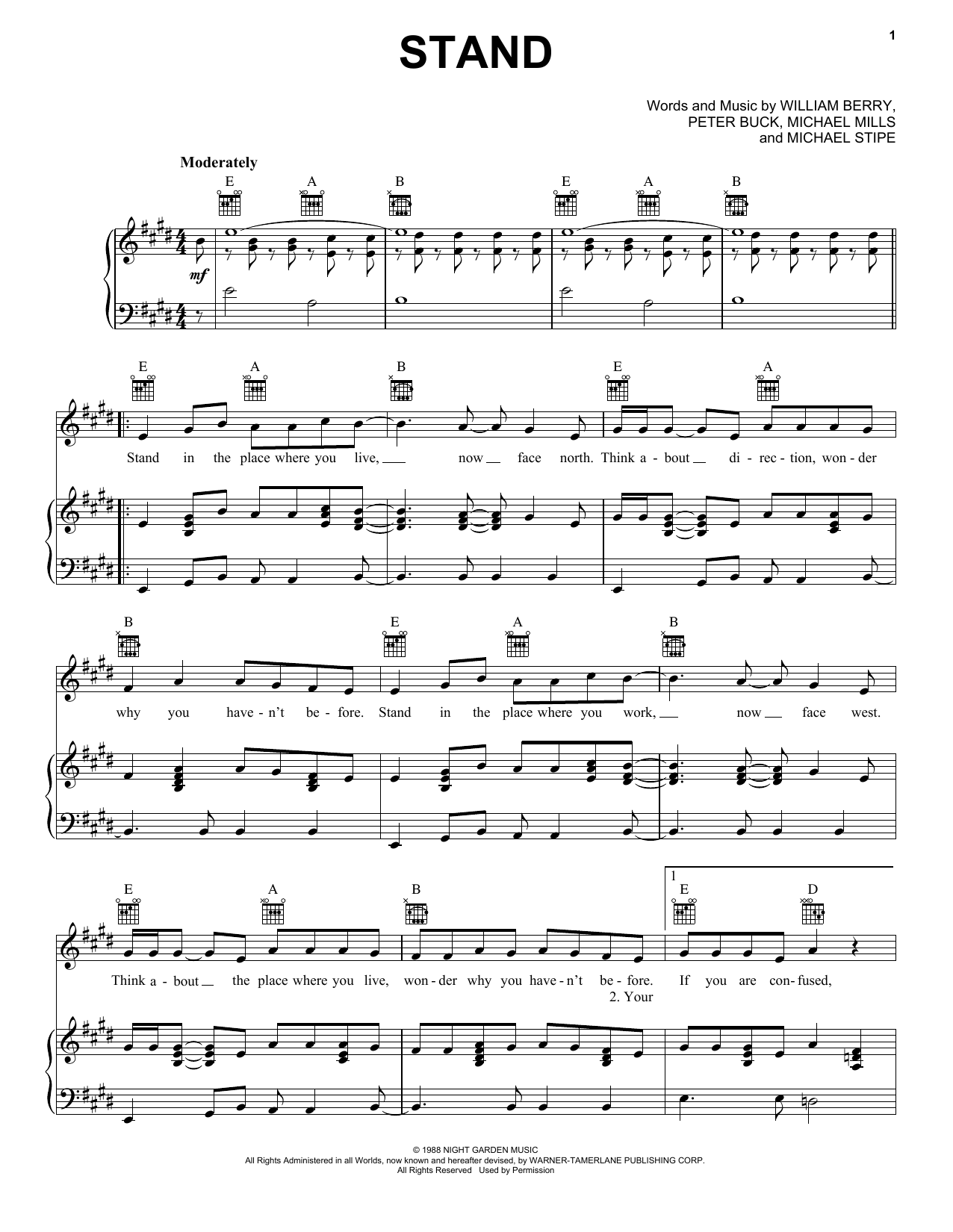 Download R.E.M. Stand Sheet Music and learn how to play Piano, Vocal & Guitar (Right-Hand Melody) PDF digital score in minutes