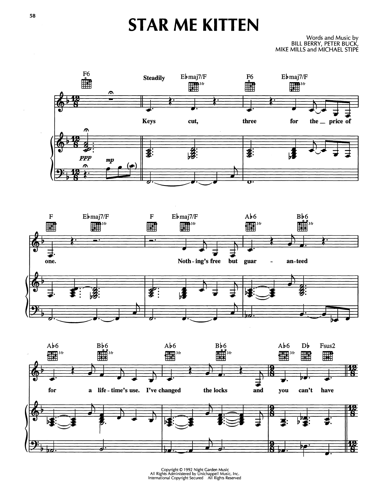 Download R.E.M. Star Me Kitten Sheet Music and learn how to play Piano, Vocal & Guitar Chords (Right-Hand Melody) PDF digital score in minutes