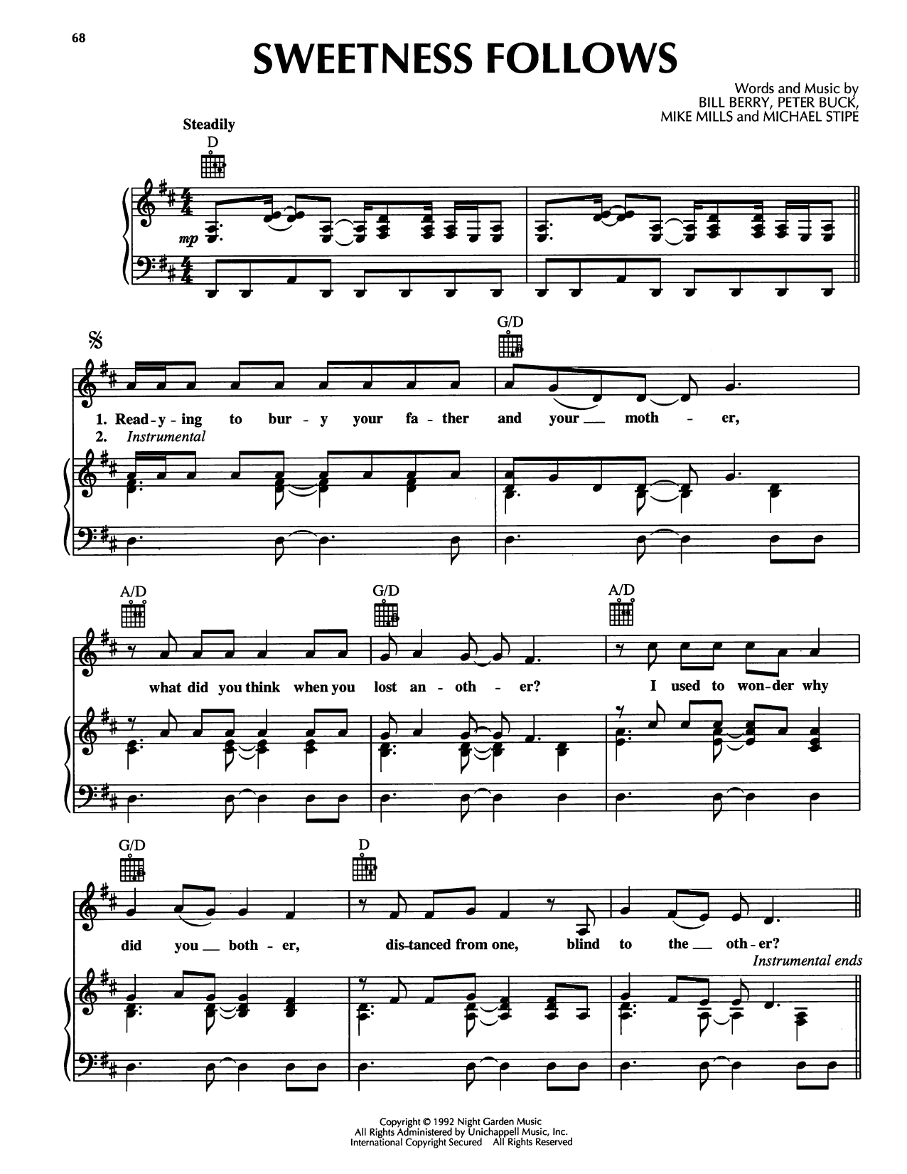 Download R.E.M. Sweetness Follows Sheet Music and learn how to play Piano, Vocal & Guitar Chords (Right-Hand Melody) PDF digital score in minutes