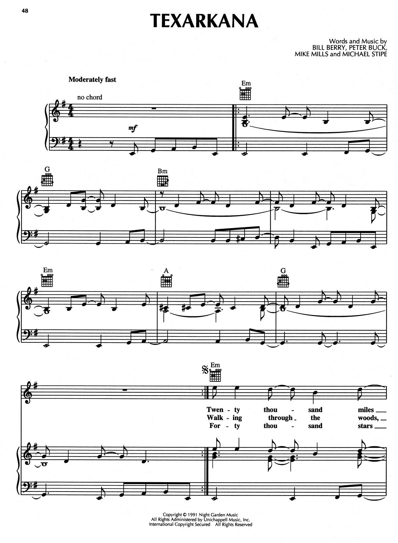 Download R.E.M. Texarkana Sheet Music and learn how to play Piano, Vocal & Guitar Chords (Right-Hand Melody) PDF digital score in minutes