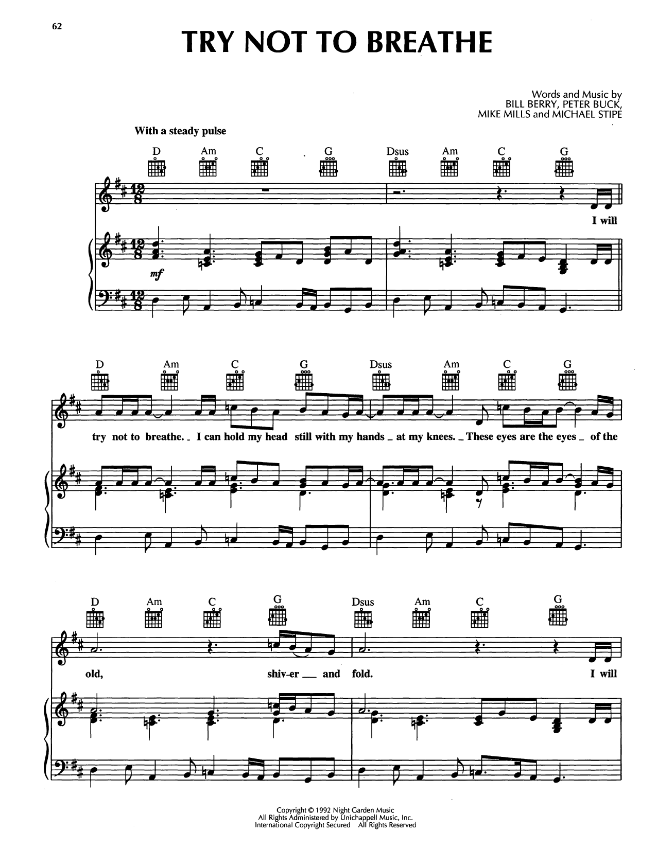 Download R.E.M. Try Not To Breathe Sheet Music and learn how to play Piano, Vocal & Guitar Chords (Right-Hand Melody) PDF digital score in minutes
