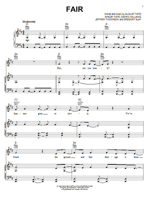 Download Remy Zero Fair Sheet Music and learn how to play Piano, Vocal & Guitar (Right-Hand Melody) PDF digital score in minutes