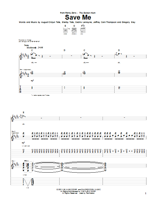 Download Remy Zero Save Me Sheet Music and learn how to play Guitar Tab PDF digital score in minutes
