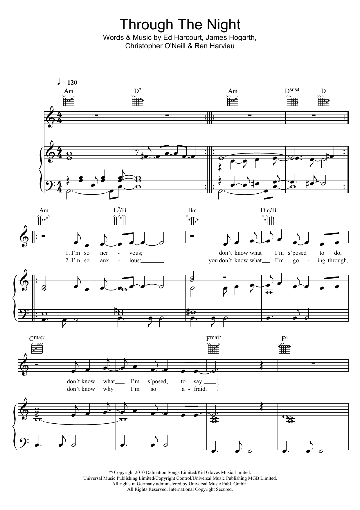 Download Ren Harvieu Through The Night Sheet Music and learn how to play Piano, Vocal & Guitar (Right-Hand Melody) PDF digital score in minutes