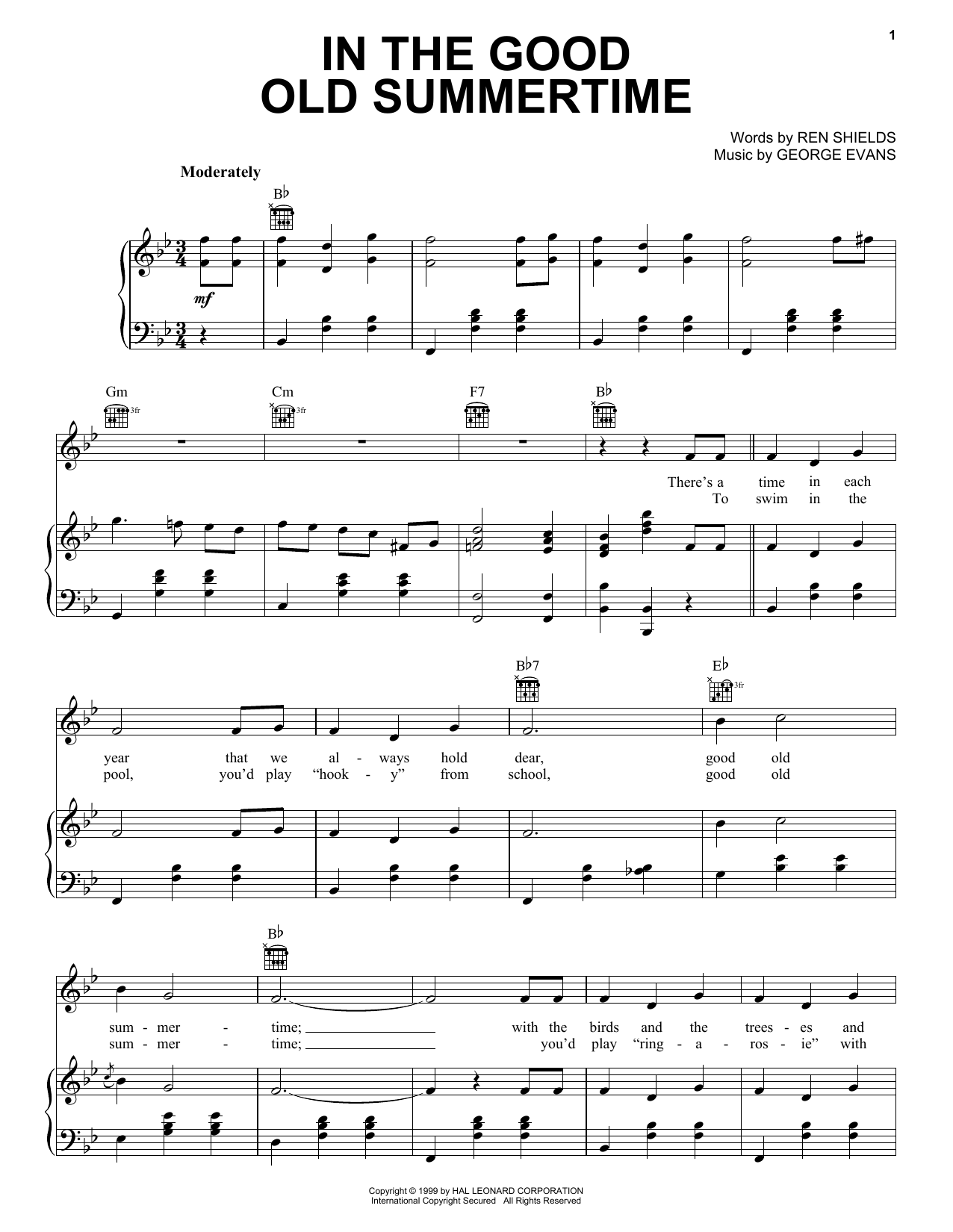 Download Ren Shields In The Good Old Summertime Sheet Music and learn how to play Piano, Vocal & Guitar (Right-Hand Melody) PDF digital score in minutes