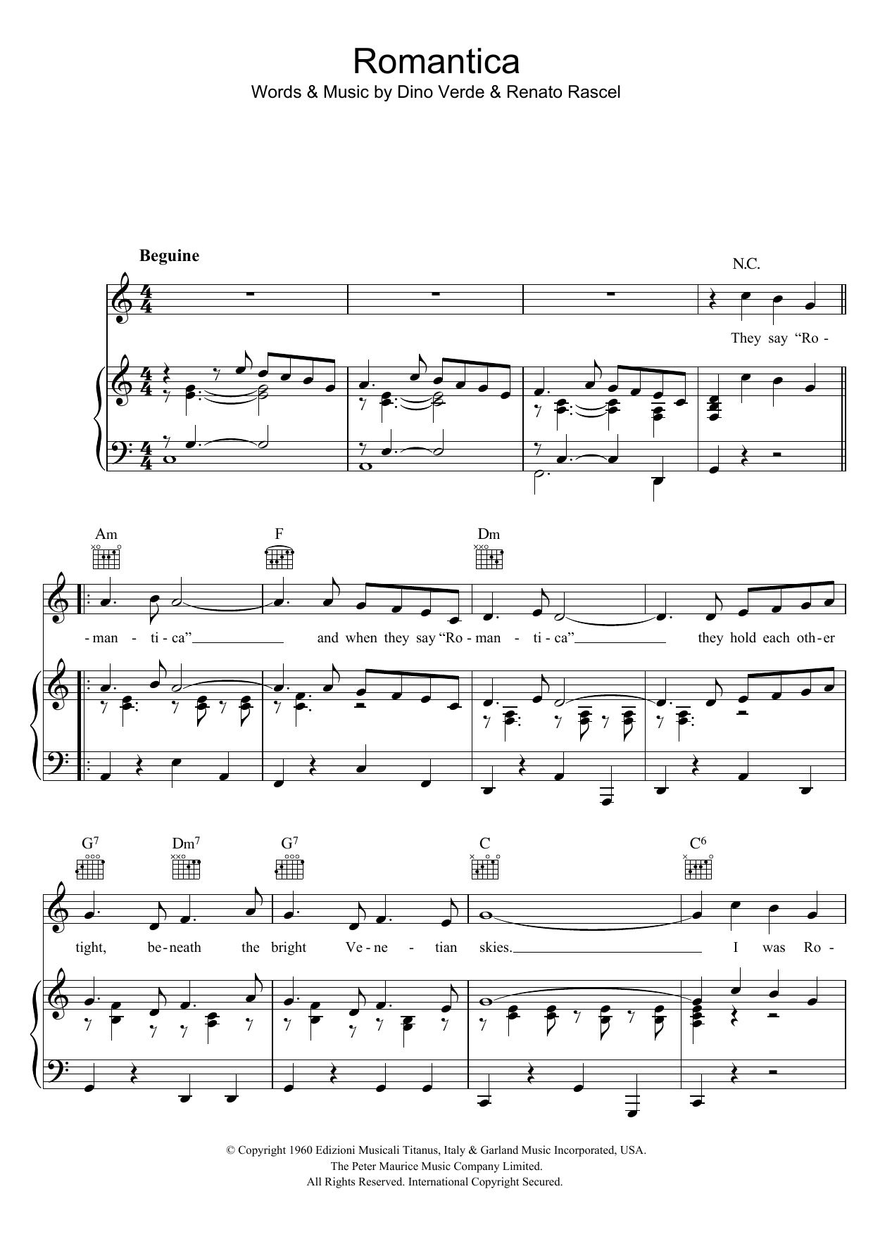 Download Renato Rascel Romantica Sheet Music and learn how to play Piano, Vocal & Guitar (Right-Hand Melody) PDF digital score in minutes