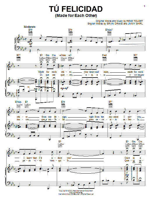 Download Rene Touzet Tu Felicidad (Made For Each Other) Sheet Music and learn how to play Piano, Vocal & Guitar (Right-Hand Melody) PDF digital score in minutes