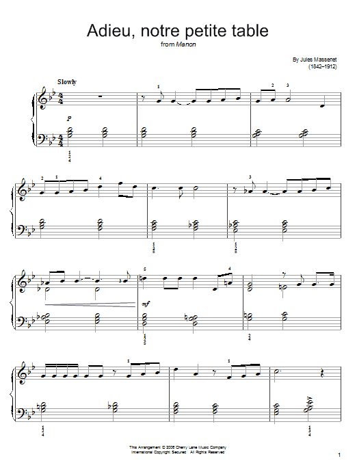 Download Renee Fleming Adieu, notre petite table Sheet Music and learn how to play Easy Piano PDF digital score in minutes
