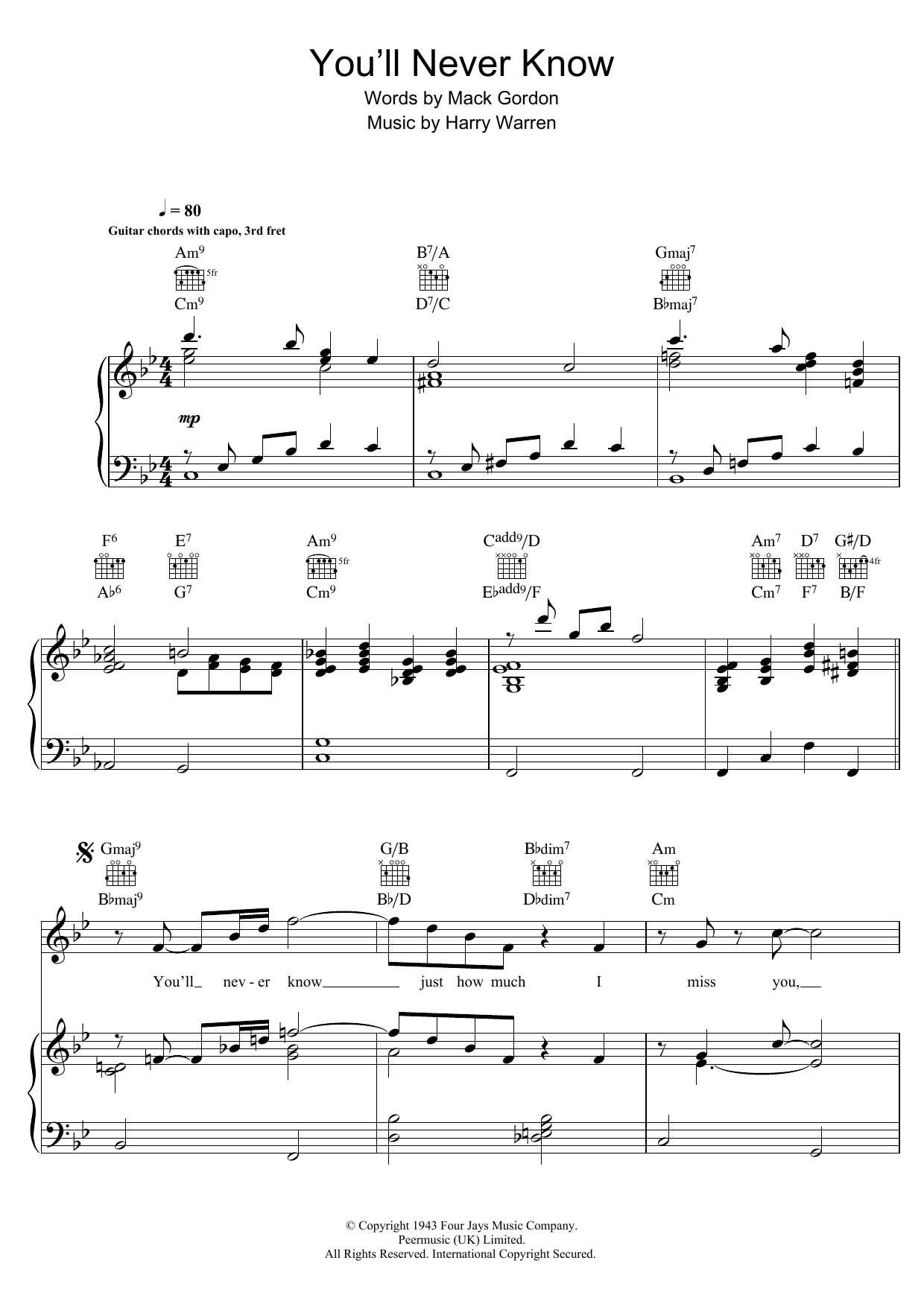 Download Renée Fleming You'll Never Know (from 'The Shape of Water') Sheet Music and learn how to play Piano, Vocal & Guitar (Right-Hand Melody) PDF digital score in minutes