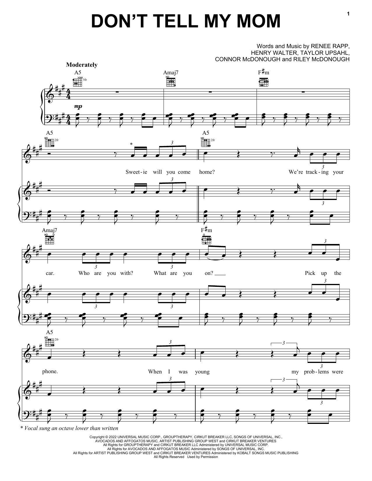 Download Reneé Rapp Don't Tell My Mom Sheet Music and learn how to play Piano, Vocal & Guitar Chords (Right-Hand Melody) PDF digital score in minutes