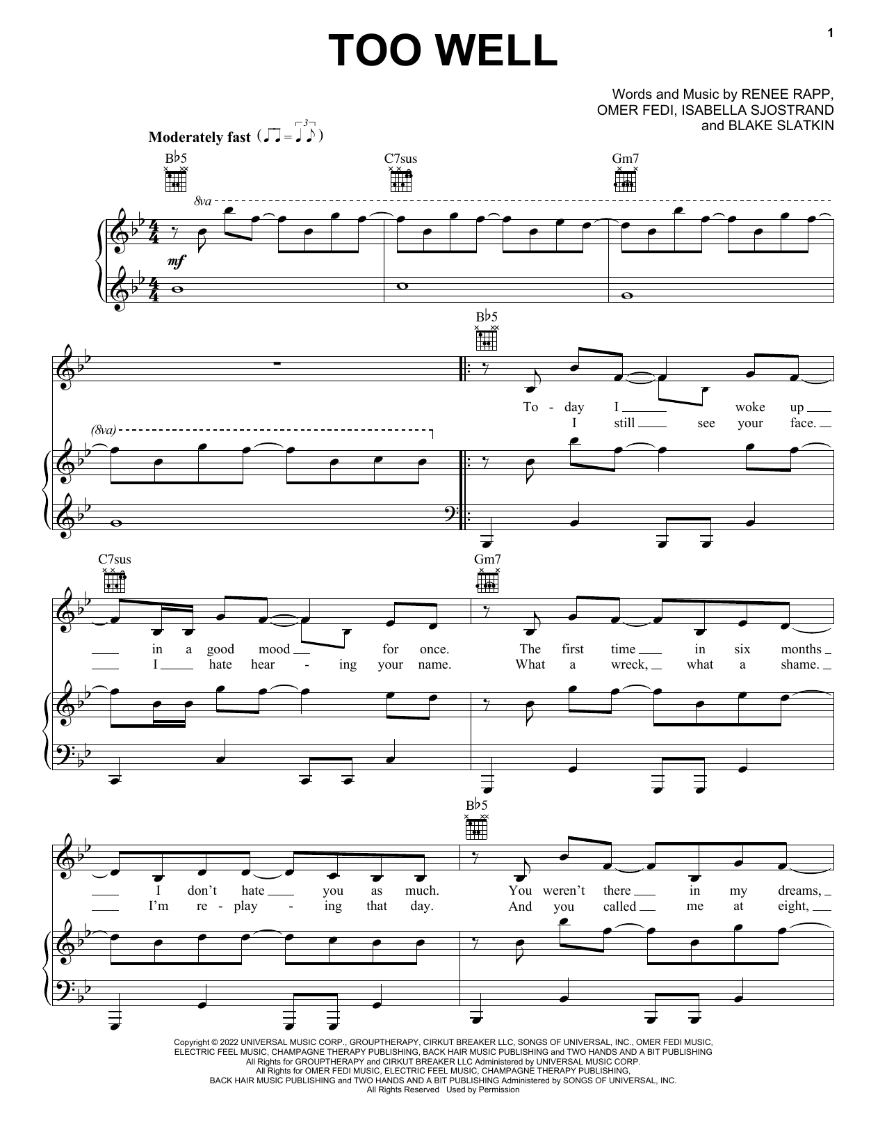Download Reneé Rapp Too Well Sheet Music and learn how to play Piano, Vocal & Guitar Chords (Right-Hand Melody) PDF digital score in minutes