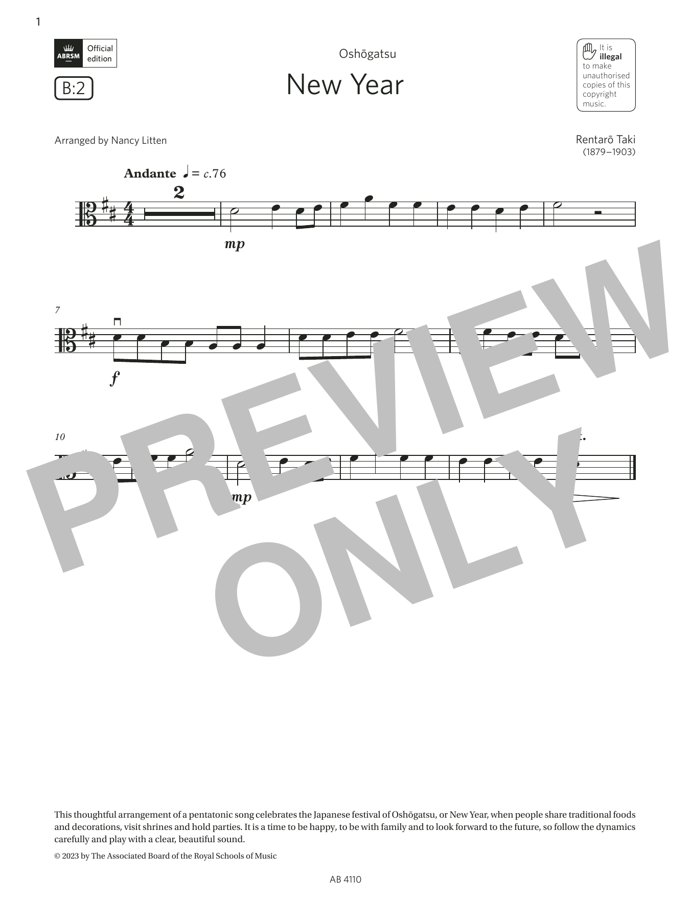 Download Rentaro Taki New Year (Grade Initial, B2, from the ABRSM Viola Syllabus from 2024) Sheet Music and learn how to play Viola Solo PDF digital score in minutes