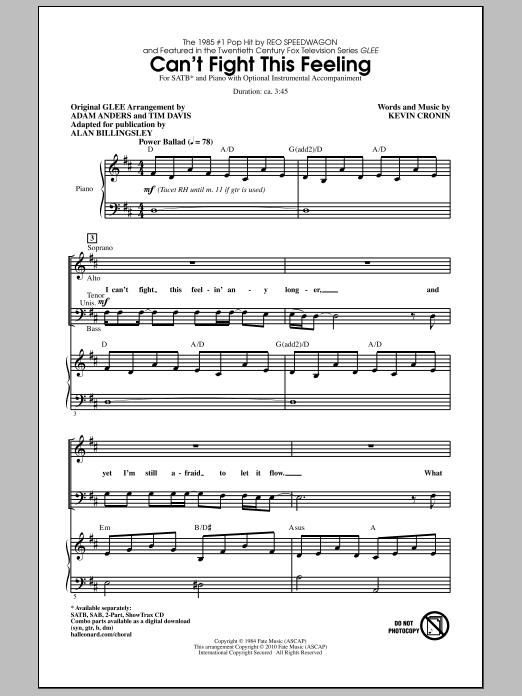 Download REO Speedwagon Can't Fight This Feeling (from Glee) (adapt. Alan Billingsley) Sheet Music and learn how to play SATB Choir PDF digital score in minutes
