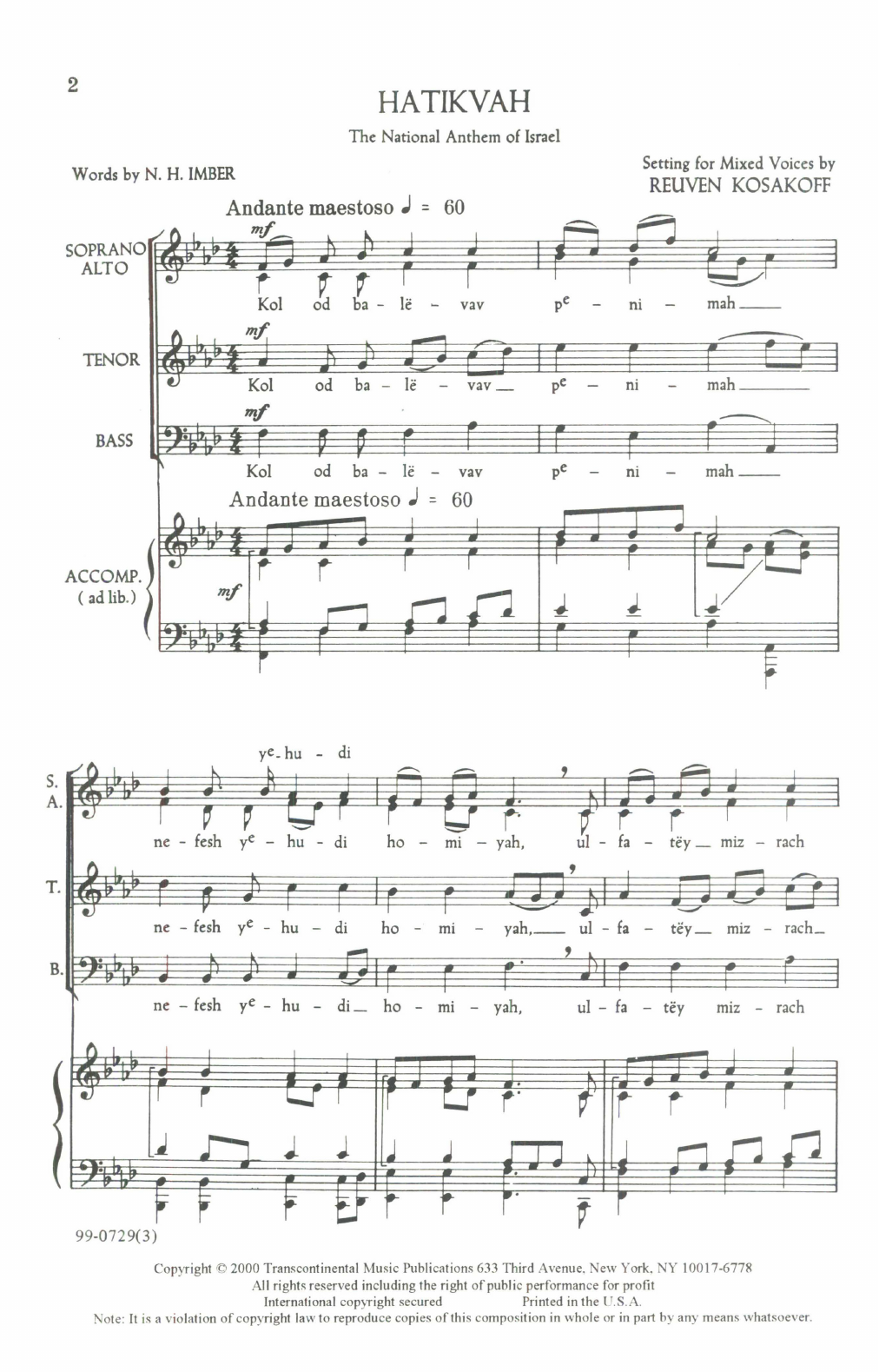 Download Reuven Kosakoff Hatikvah Sheet Music and learn how to play SATB Choir PDF digital score in minutes