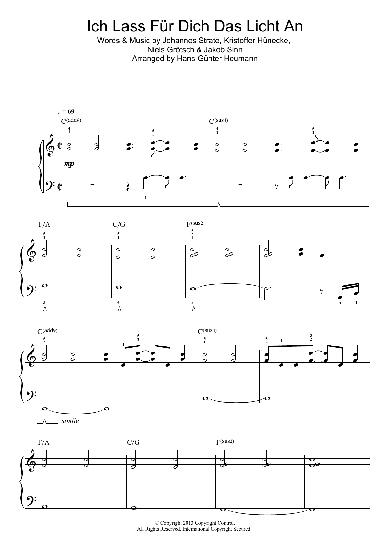 Download Revolverheld Ich Lass Für Dich Das Licht An Sheet Music and learn how to play Easy Piano PDF digital score in minutes