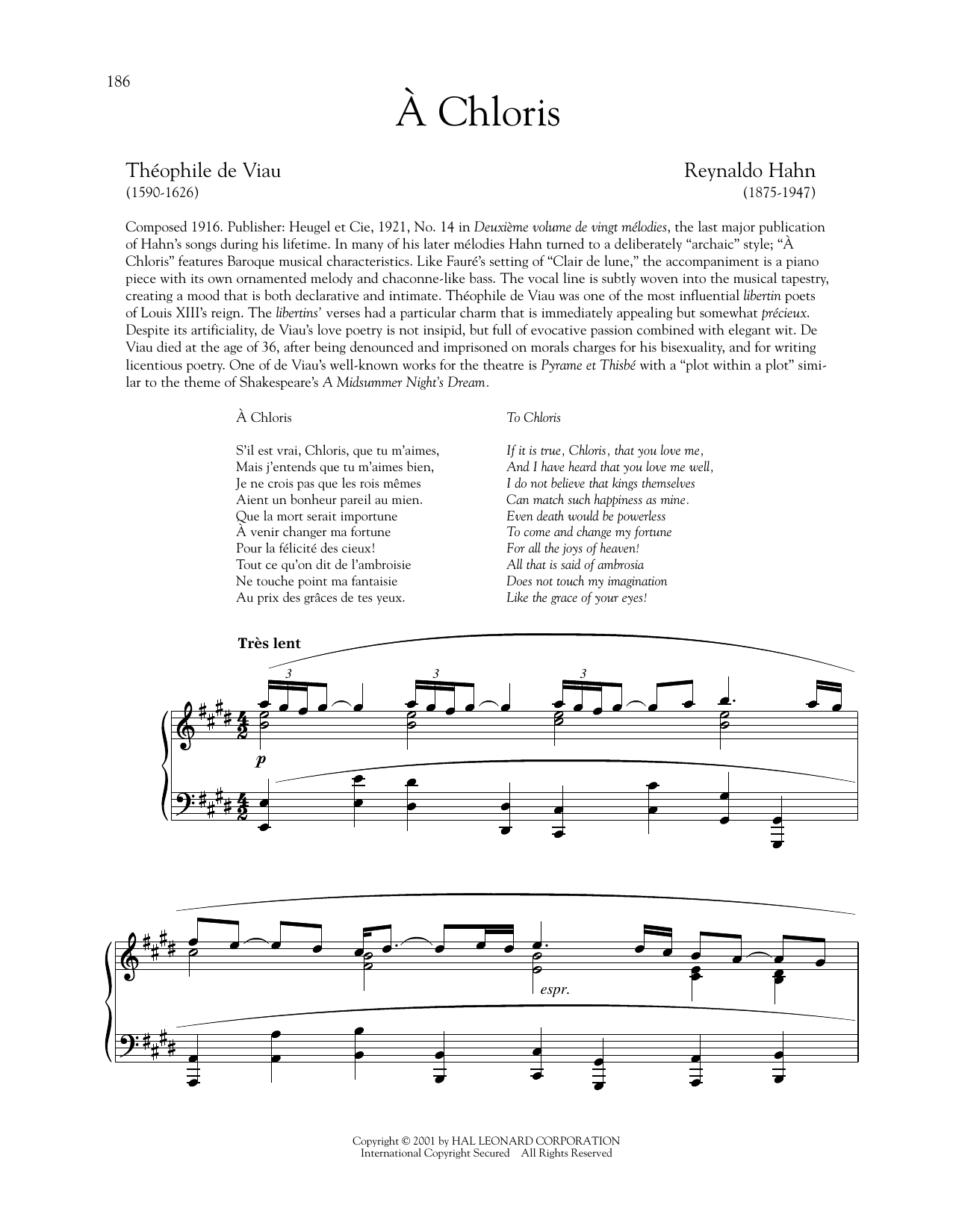 Download Reynaldo Hahn A Chloris Sheet Music and learn how to play Piano & Vocal PDF digital score in minutes