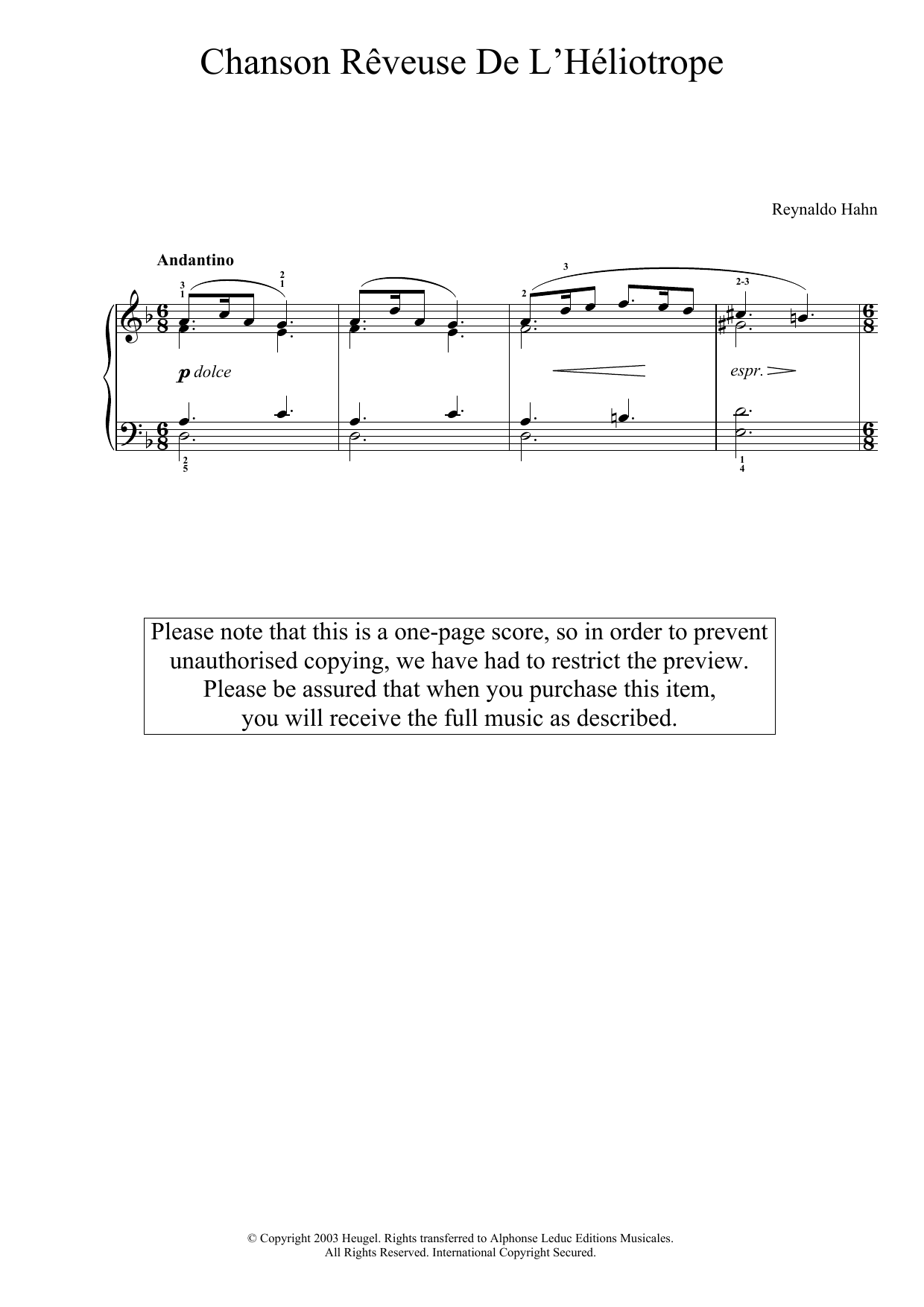 Download Reynaldo Hahn Chanson Reveuse De L'Heliotrope (No. XI From 'Pieces D'Amour') Sheet Music and learn how to play Piano PDF digital score in minutes