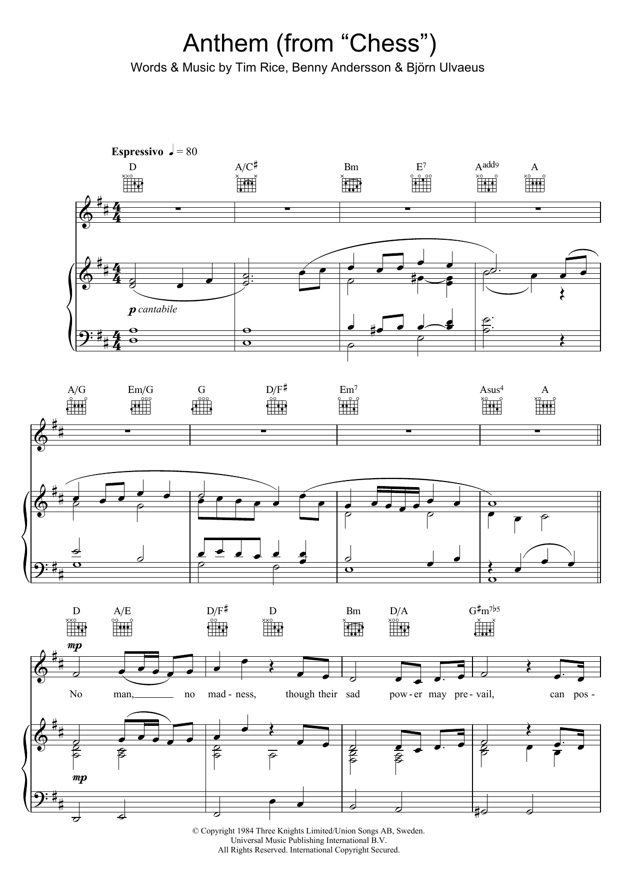 Download Rhydian Anthem (from Chess) Sheet Music and learn how to play Piano, Vocal & Guitar (Right-Hand Melody) PDF digital score in minutes