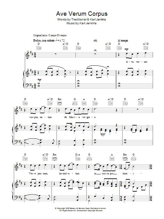 Download Rhydian Ave Verum Corpus Sheet Music and learn how to play Piano, Vocal & Guitar (Right-Hand Melody) PDF digital score in minutes