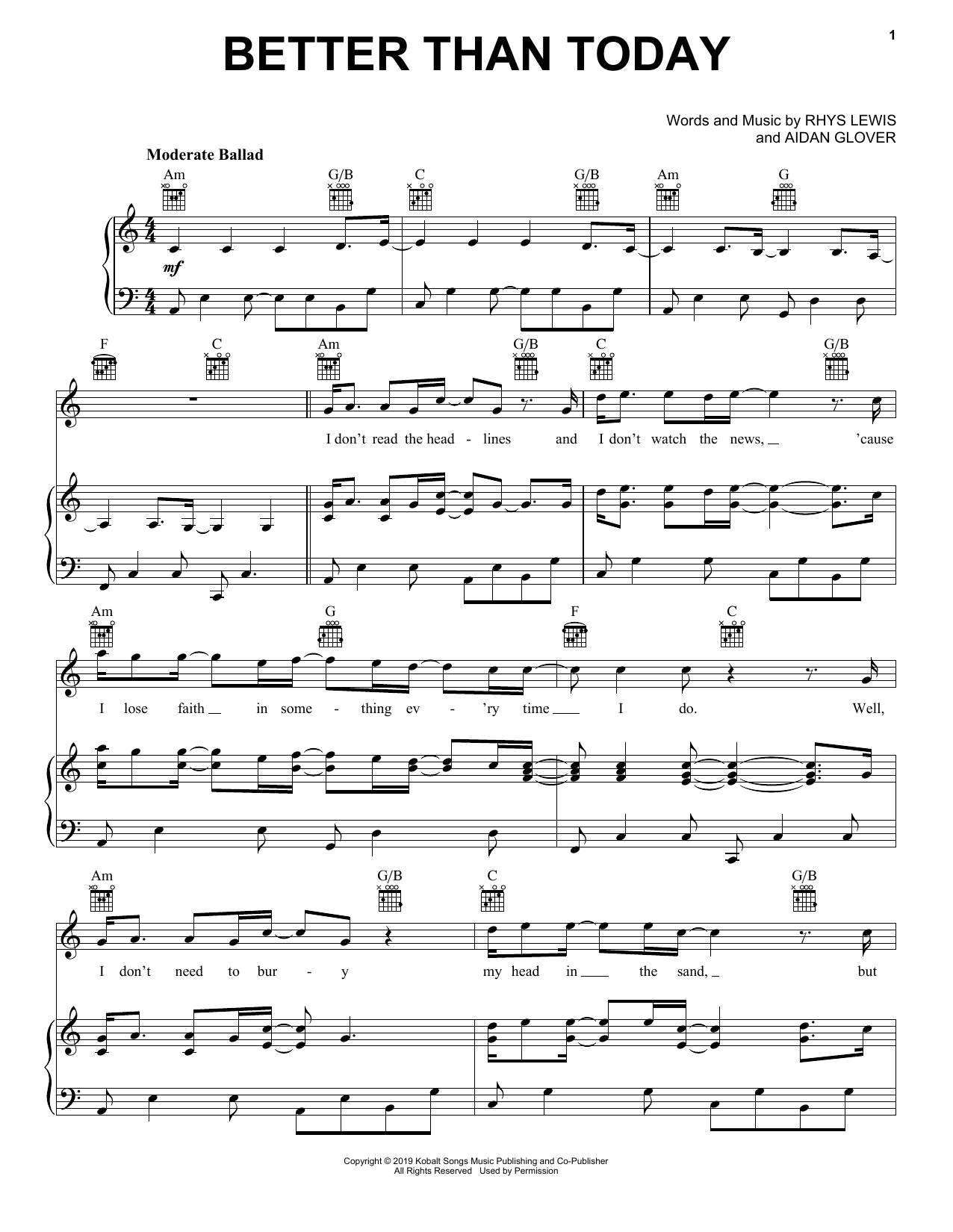 Download Rhys Lewis Better Than Today Sheet Music and learn how to play Piano, Vocal & Guitar Chords (Right-Hand Melody) PDF digital score in minutes