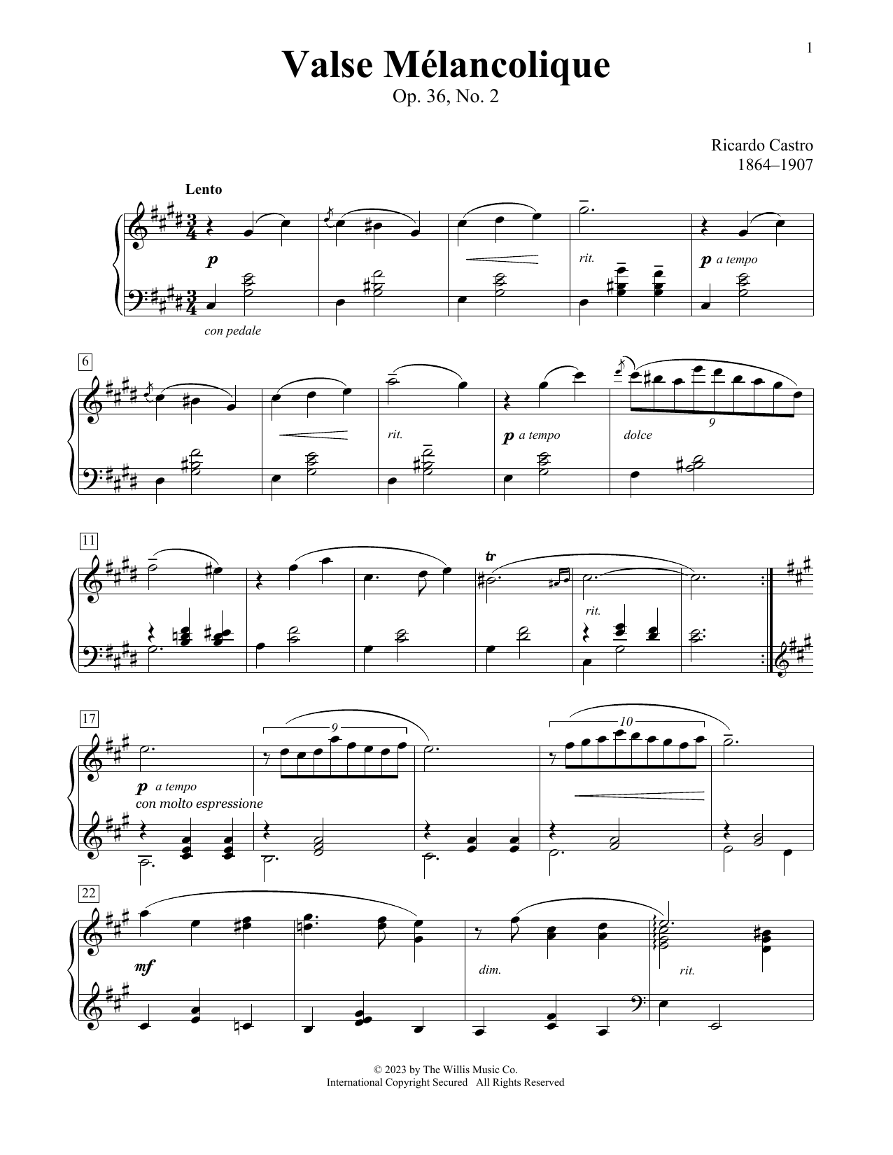 Download Ricardo Castro Valse Melancolique, Op. 36, No.2 Sheet Music and learn how to play Educational Piano PDF digital score in minutes