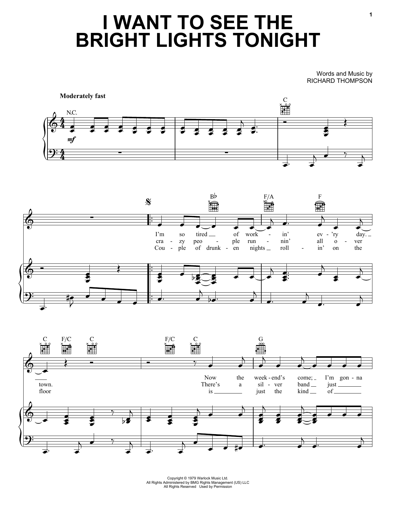 Download Richard & Linda Thompson I Want To See The Bright Lights Tonight Sheet Music and learn how to play Piano, Vocal & Guitar (Right-Hand Melody) PDF digital score in minutes