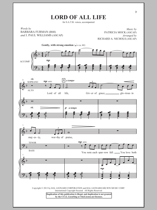 Download Patricia Mock Lord Of All Life (arr. Richard A. Nichols) Sheet Music and learn how to play SATB PDF digital score in minutes