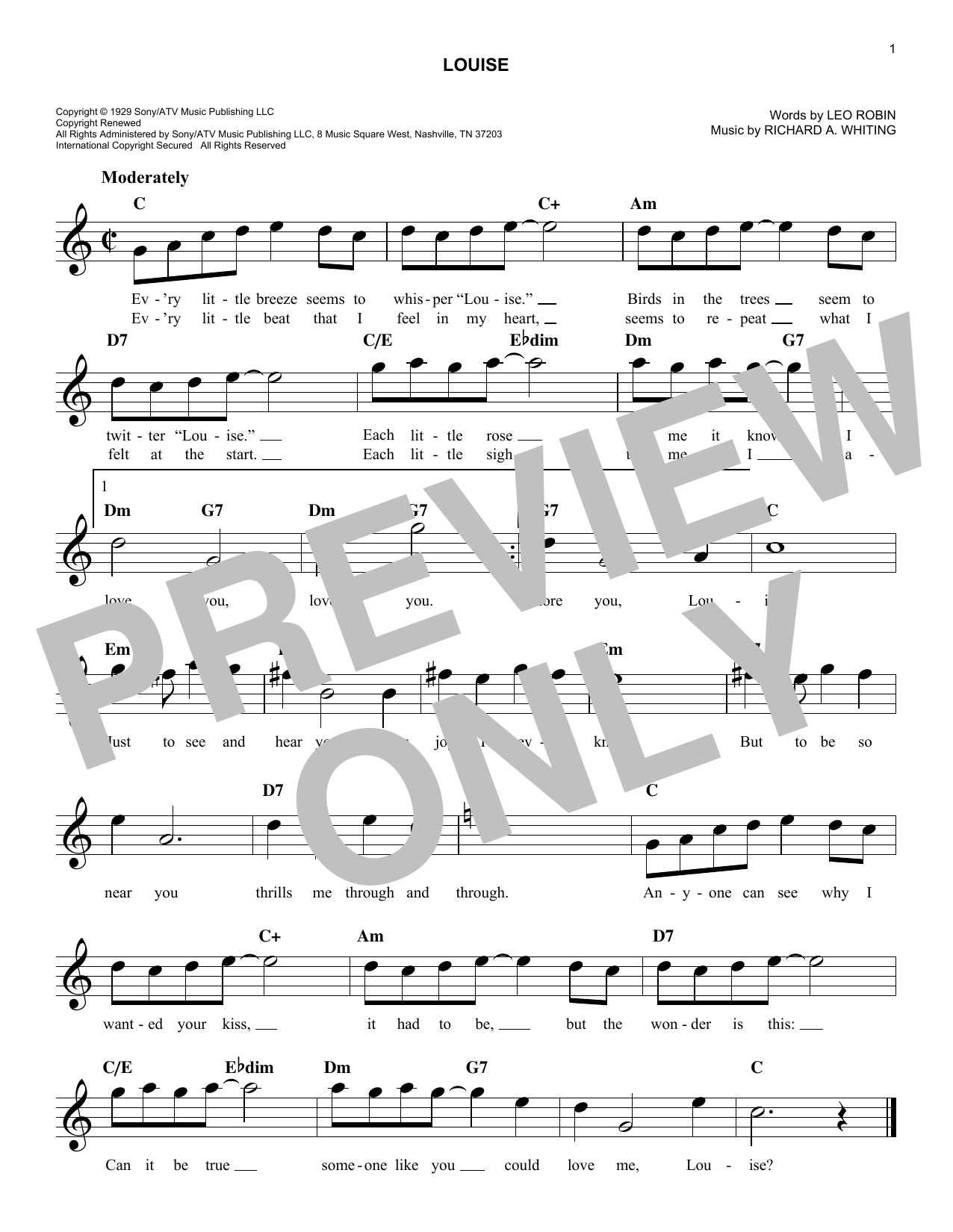Download Richard A. Whiting Louise Sheet Music and learn how to play Melody Line, Lyrics & Chords PDF digital score in minutes
