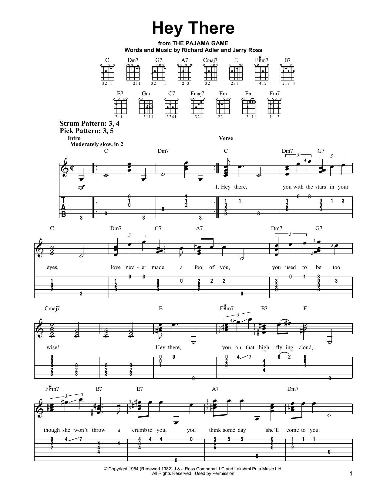 Download Richard Adler & Jerry Ross Hey There (from The Pajama Game) Sheet Music and learn how to play Easy Guitar Tab PDF digital score in minutes