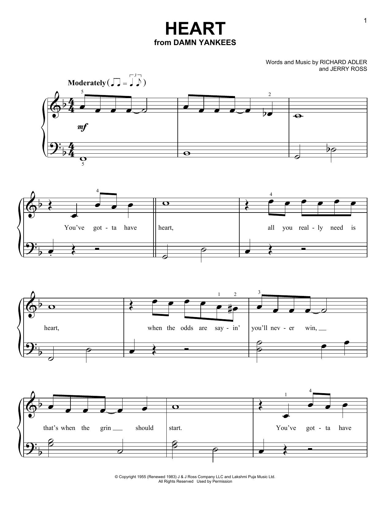 Download Richard Adler Heart (from Damn Yankees) Sheet Music and learn how to play Very Easy Piano PDF digital score in minutes